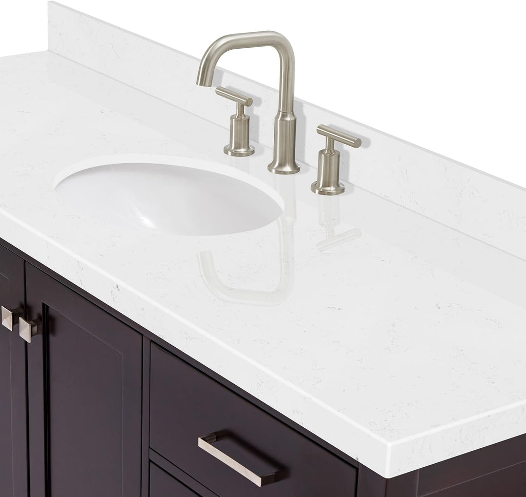 ARIEL Cambridge 66-inch Bathroom Vanity with Sink,Solid Wood, 1.5-inch Carrara White Quartz Countertop & Backsplash, Single Oval Porcelain Sink, 2 Soft Closing Doors, 9 Dovetail Drawers, Espresso