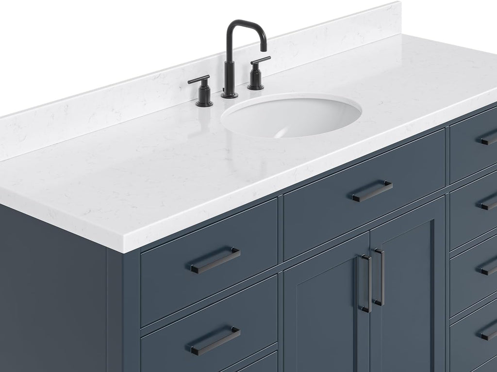 ARIEL Hepburn 66-inch Bathroom Vanity with Sink,Solid Wood, 1.5-inch Carrara White Quartz Countertop, Single Oval Porcelain Sink, 2 Soft Closing Doors, 9 Dovetail Drawers, Midnight Blue