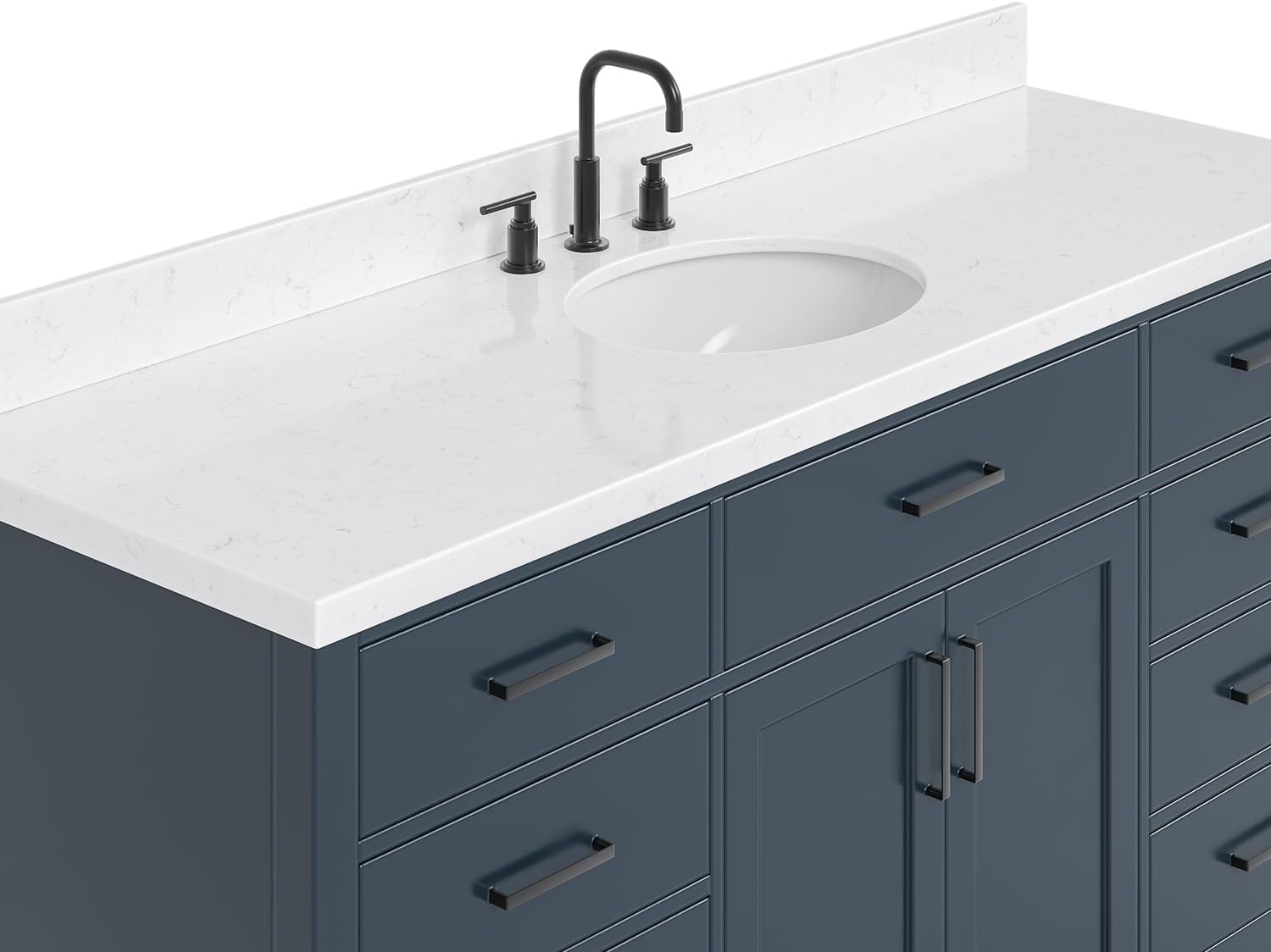 ARIEL Hepburn 66-inch Bathroom Vanity with Sink,Solid Wood, 1.5-inch Carrara White Quartz Countertop, Single Oval Porcelain Sink, 2 Soft Closing Doors, 9 Dovetail Drawers, Midnight Blue