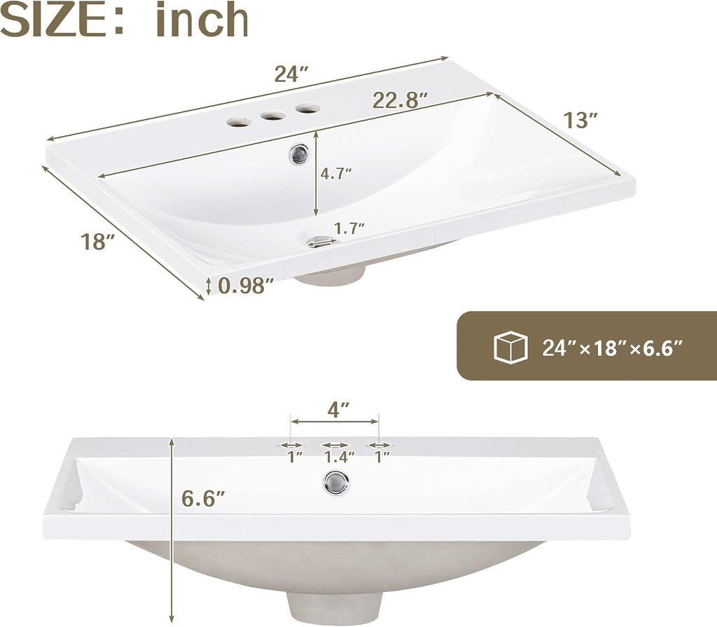 Harper & Bright Designs 24' Bathroom Vanity Top, Single Bathroom Vanity Top with Undermount Rectangular Middle Sink, Pre-Drilled 4 Inch Faucet Hole Vanity Top, (Faucet&Cabinet Not Included)