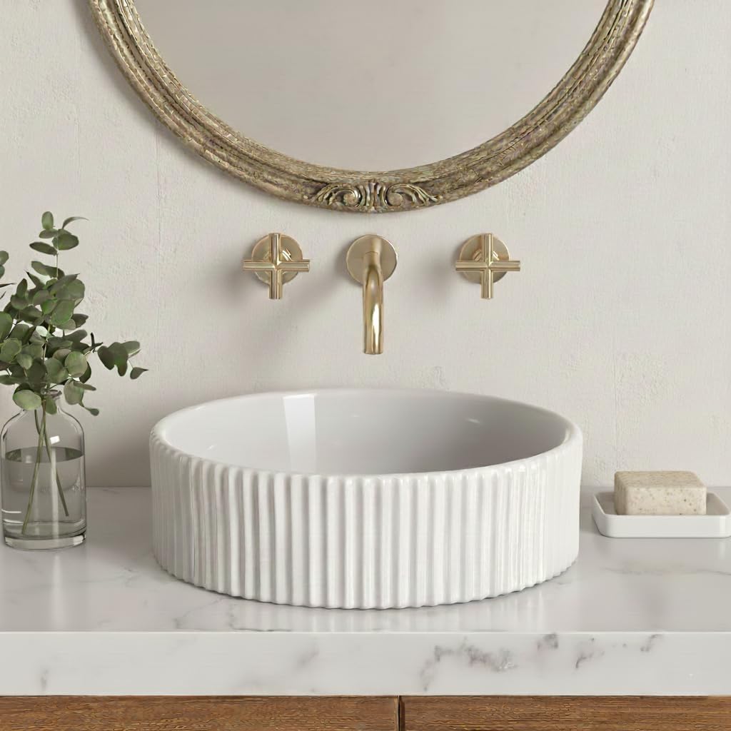 KES White Round Vessel Sink with Fluted Texture, 16 Inch Ceramic Bathroom Sink Above Counter, Small Porcelain Bowl Sink for RV Lavatory Vanity Countertop, BVSC129