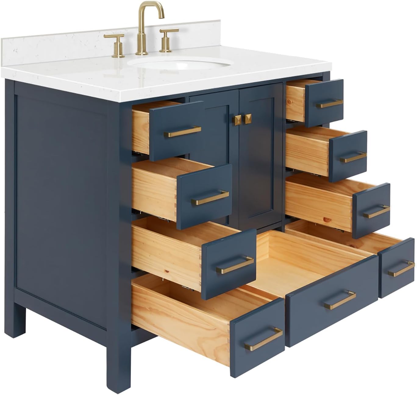 DKB Beckford 42-Inch Midnight Blue Single Bathroom Vanity with Sink, Solid Wood Cabinet, Carrara White Quartz Countertop, 1.5-Inch Edge, Oval Undermount Sink, 2 Soft Closing Doors, 9 Drawers