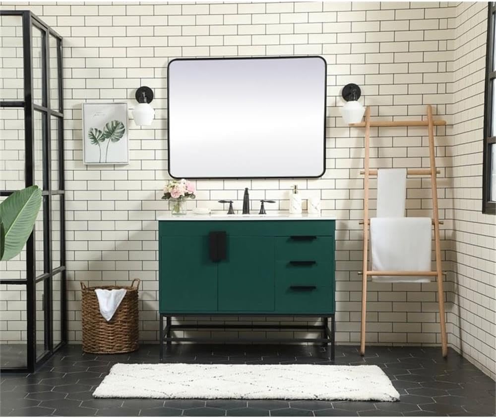 Pemberly Row 42' Aluminum MDF Single Bathroom Vanity, Green Finish, Quartz Top with Porcelain Sink, Rectangle Shape, Soft Closing Drawers and Cabinet, Powder-Coated Metal Legs, Modern Bathroom