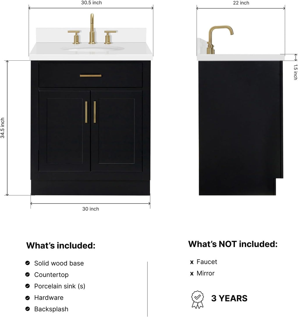 ARIEL Hepburn 30-inch Bathroom Vanity with Sink,Solid Wood, 1.5-inch Pure White Quartz Countertop & Backsplash, Single Oval Porcelain Sink, 2 Soft Closing Doors, 1 Dovetail Drawers, Black