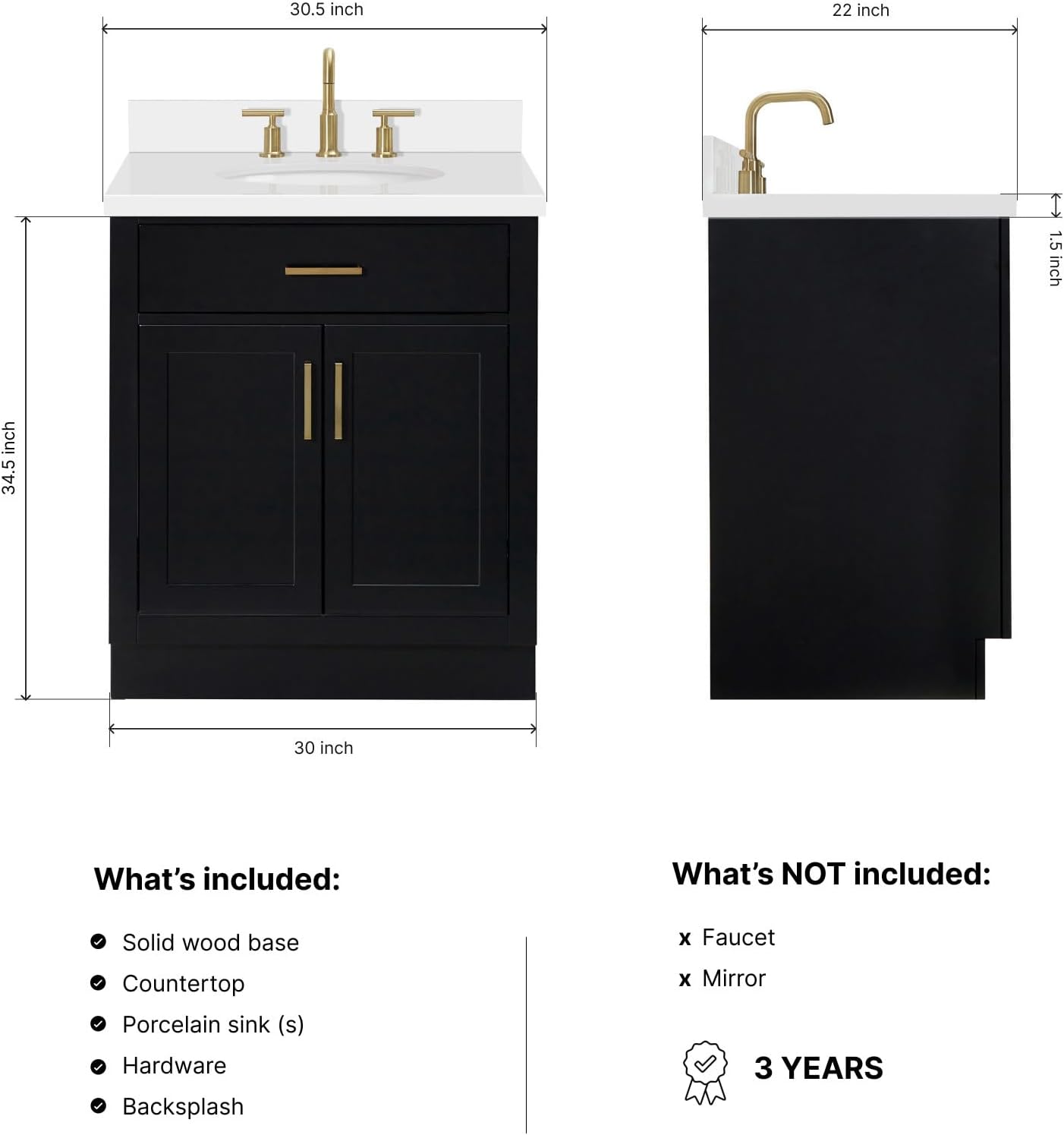 ARIEL Hepburn 30-inch Bathroom Vanity with Sink,Solid Wood, 1.5-inch Pure White Quartz Countertop & Backsplash, Single Oval Porcelain Sink, 2 Soft Closing Doors, 1 Dovetail Drawers, Black