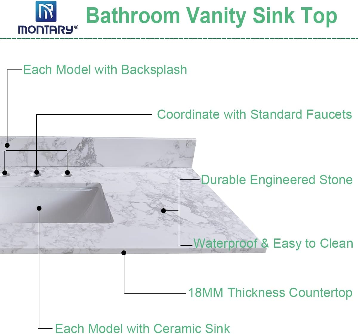 Marble White Stone Vanity Top - 1/3 Holes Vanity Sink Tops, Gorgeous Counter top with Ceramic Sink & Backsplash for Bathroom Kitchen, No Cabinet (31'-single hole)
