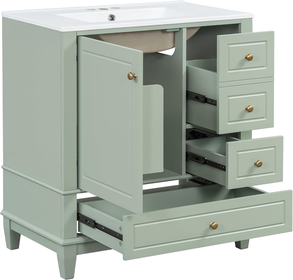 Christopher Knight Home 30' Bathroom Vanity with Top, Ceramic Sink, 3 Drawers and 1 Soft Closing Door with Shelf, Solid Wood Legs, Green