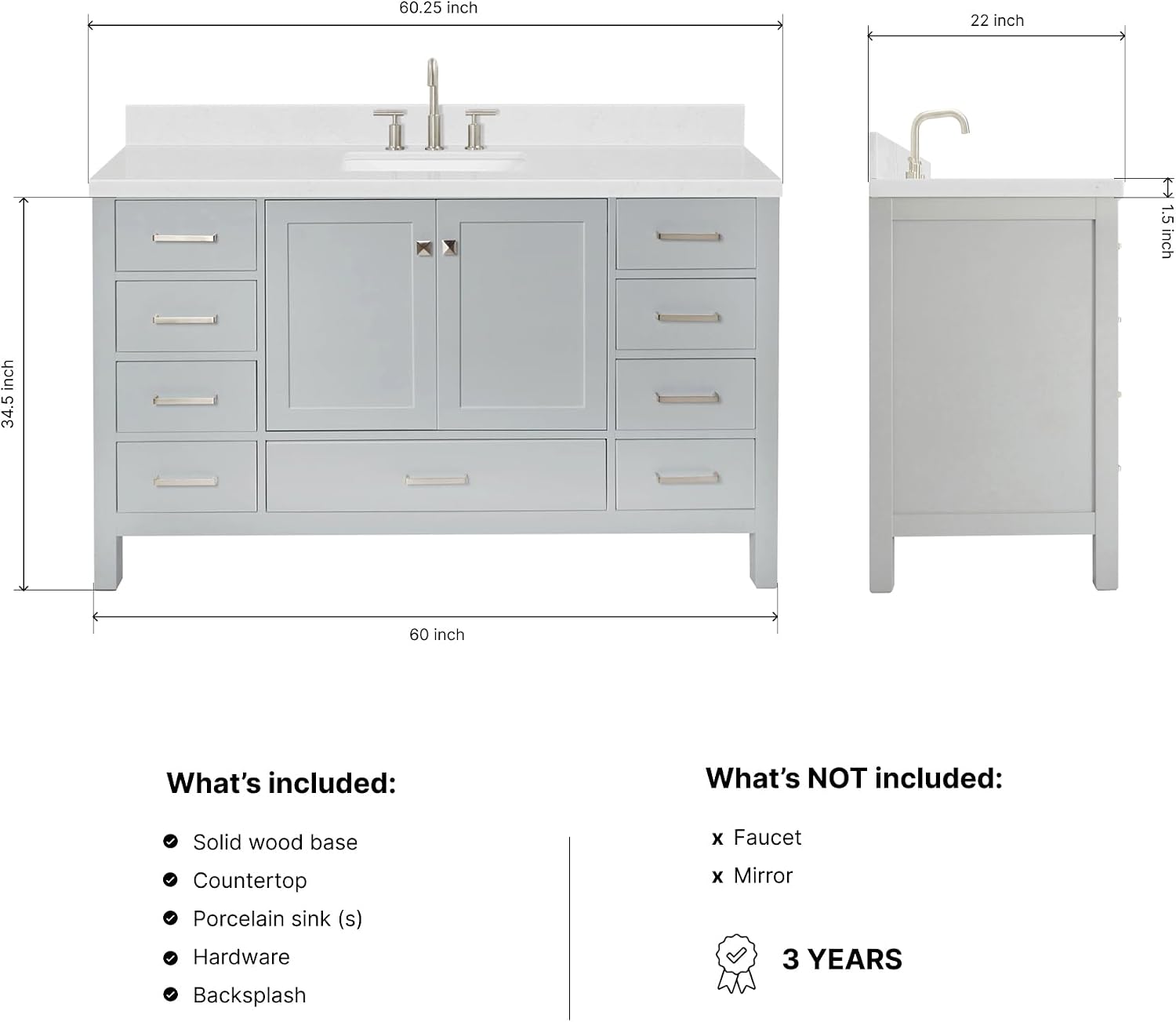 ARIEL Cambridge 60-inch Bathroom Vanity with Sink,Solid Wood, 1.5-inch Carrara White Quartz Countertop, Single Rectangular Porcelain Sink, 2 Soft Closing Doors, 9 Dovetail Drawers, Grey