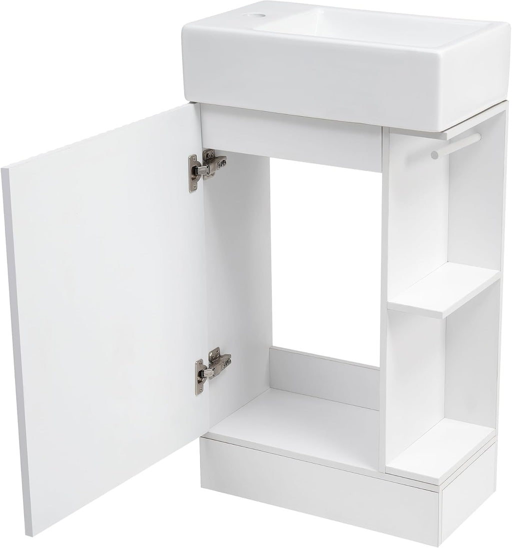 YOPTO 18.6' Bathroom Vanity with Ceramic Sink,Cabinet w/Two-Tier Shelf,Toilet Paper Holder and Shelf,Left or Right Orientation,Practicality & Durability,White