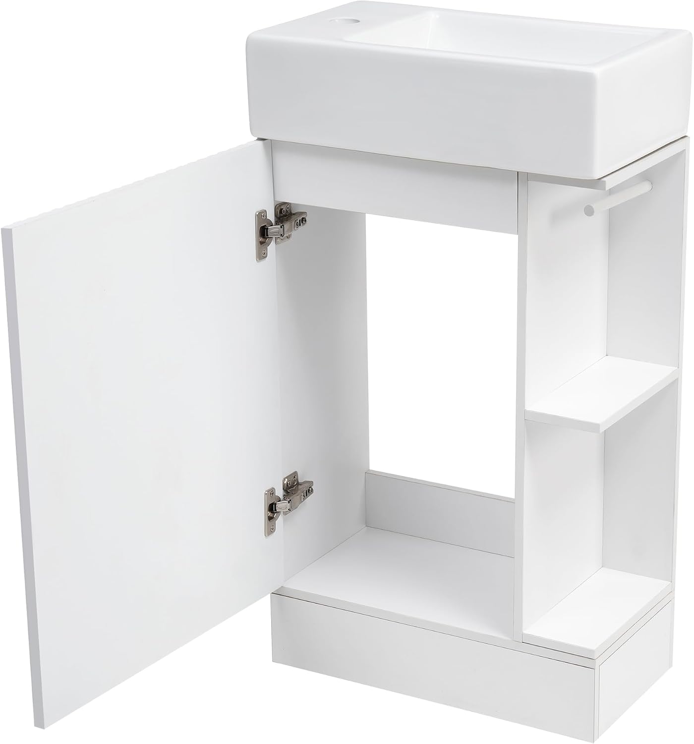 YOPTO 18.6' Bathroom Vanity with Ceramic Sink,Cabinet w/Two-Tier Shelf,Toilet Paper Holder and Shelf,Left or Right Orientation,Practicality & Durability,White