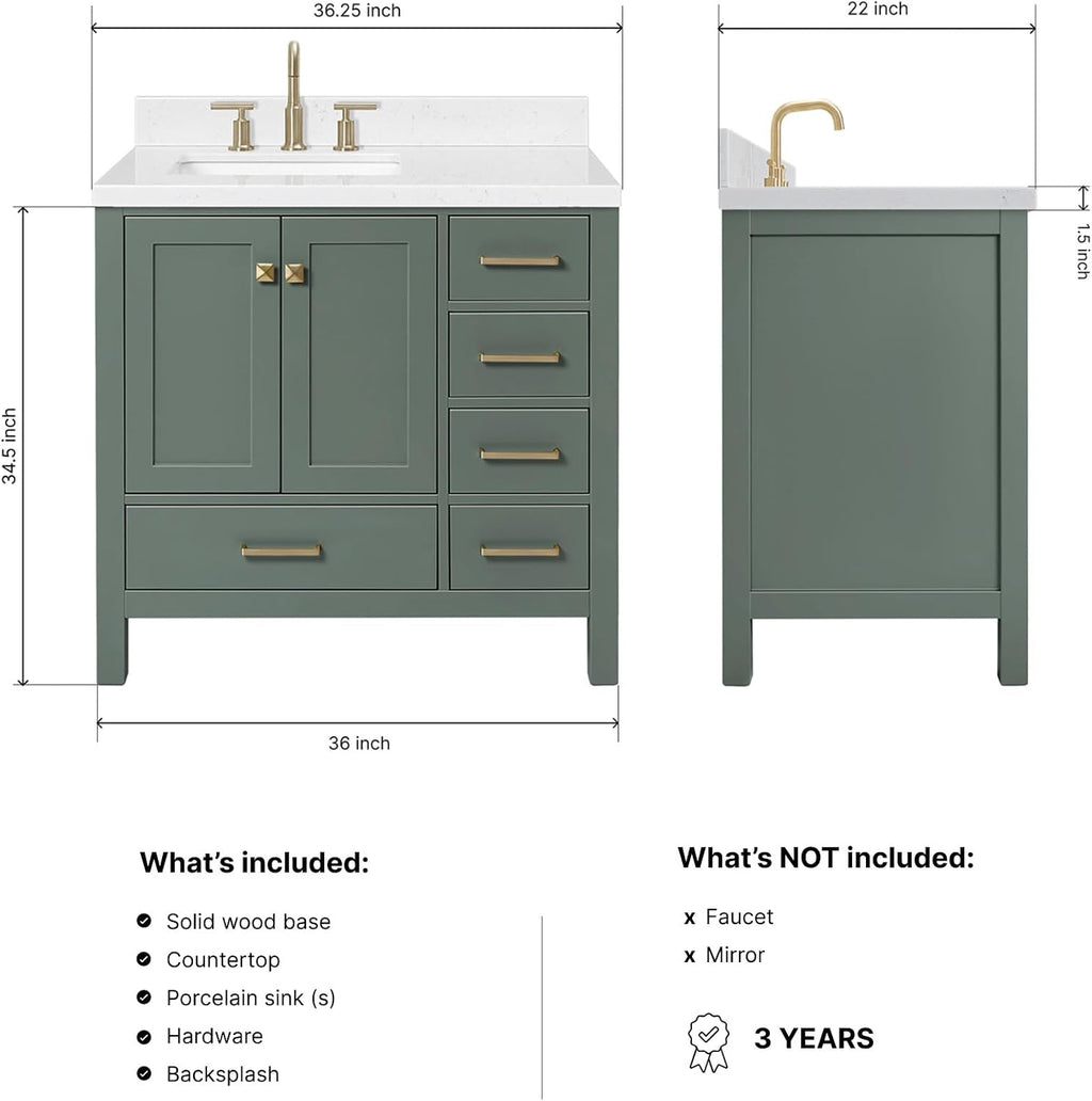 ARIEL Cambridge 36-inch Bathroom Vanity with Sink,Solid Wood, 1.5-inch Carrara White Quartz Countertop, Single Rectangular Porcelain Sink, 2 Soft Closing Doors, 5 Dovetail Drawers, Vintage Green