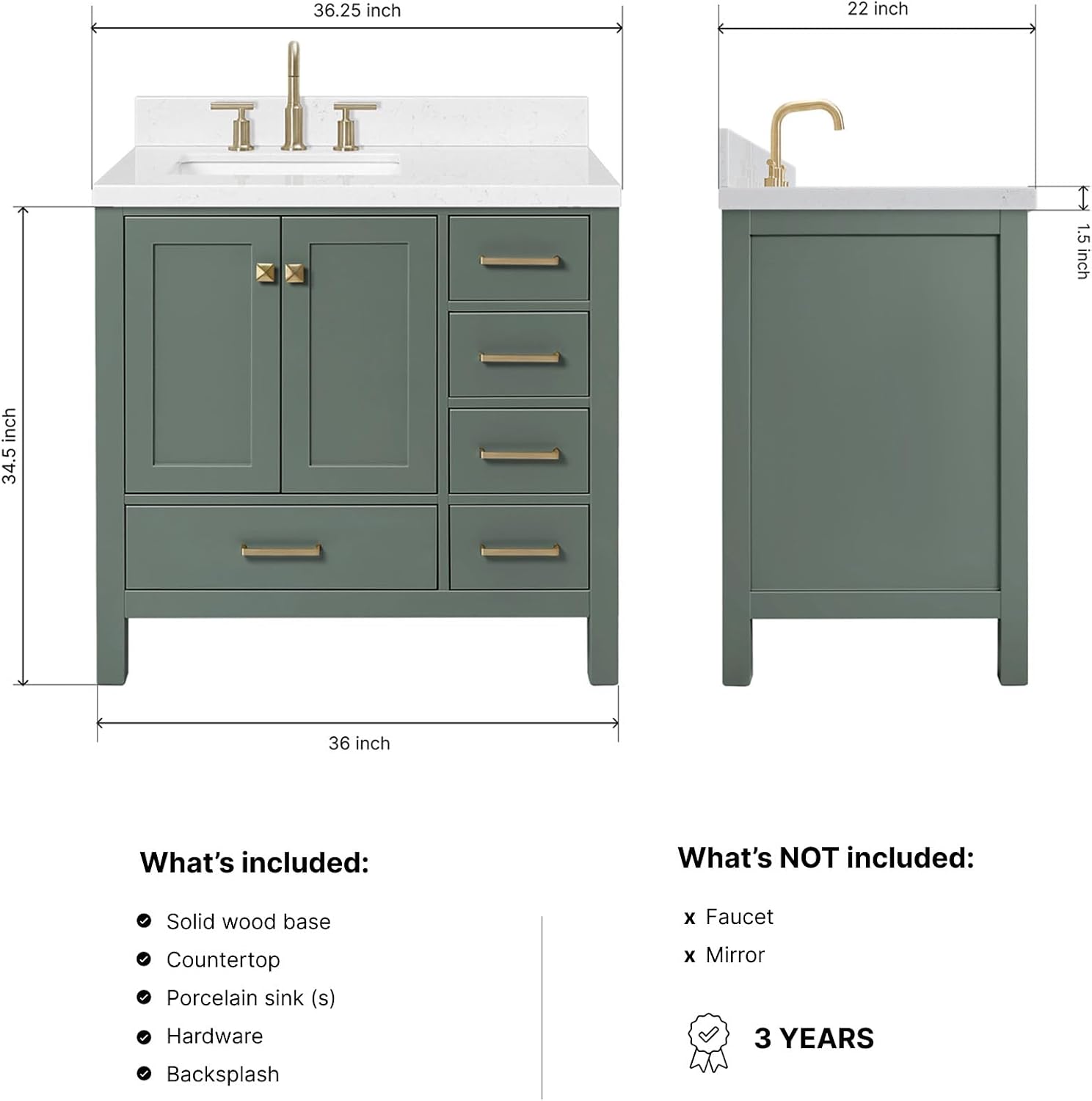 ARIEL Cambridge 36-inch Bathroom Vanity with Sink,Solid Wood, 1.5-inch Carrara White Quartz Countertop, Single Rectangular Porcelain Sink, 2 Soft Closing Doors, 5 Dovetail Drawers, Vintage Green
