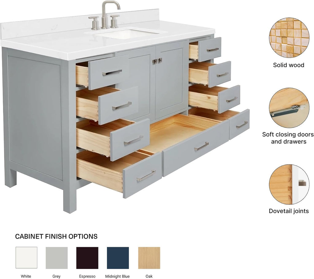ARIEL Cambridge 60-inch Bathroom Vanity with Sink,Solid Wood, 1.5-inch Carrara White Quartz Countertop, Single Rectangular Porcelain Sink, 2 Soft Closing Doors, 9 Dovetail Drawers, Grey