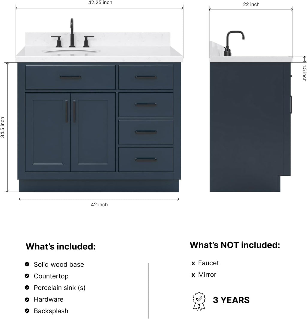 DKB Isabella 42-Inch Midnight Blue Bathroom Vanity with Sink, 1.5' Carrara Quartz Countertop, Solid Wood Frame, Left Oval Undermount Sink, 2 Soft Closing Doors, 5 Dovetail Drawers, Toe Kick