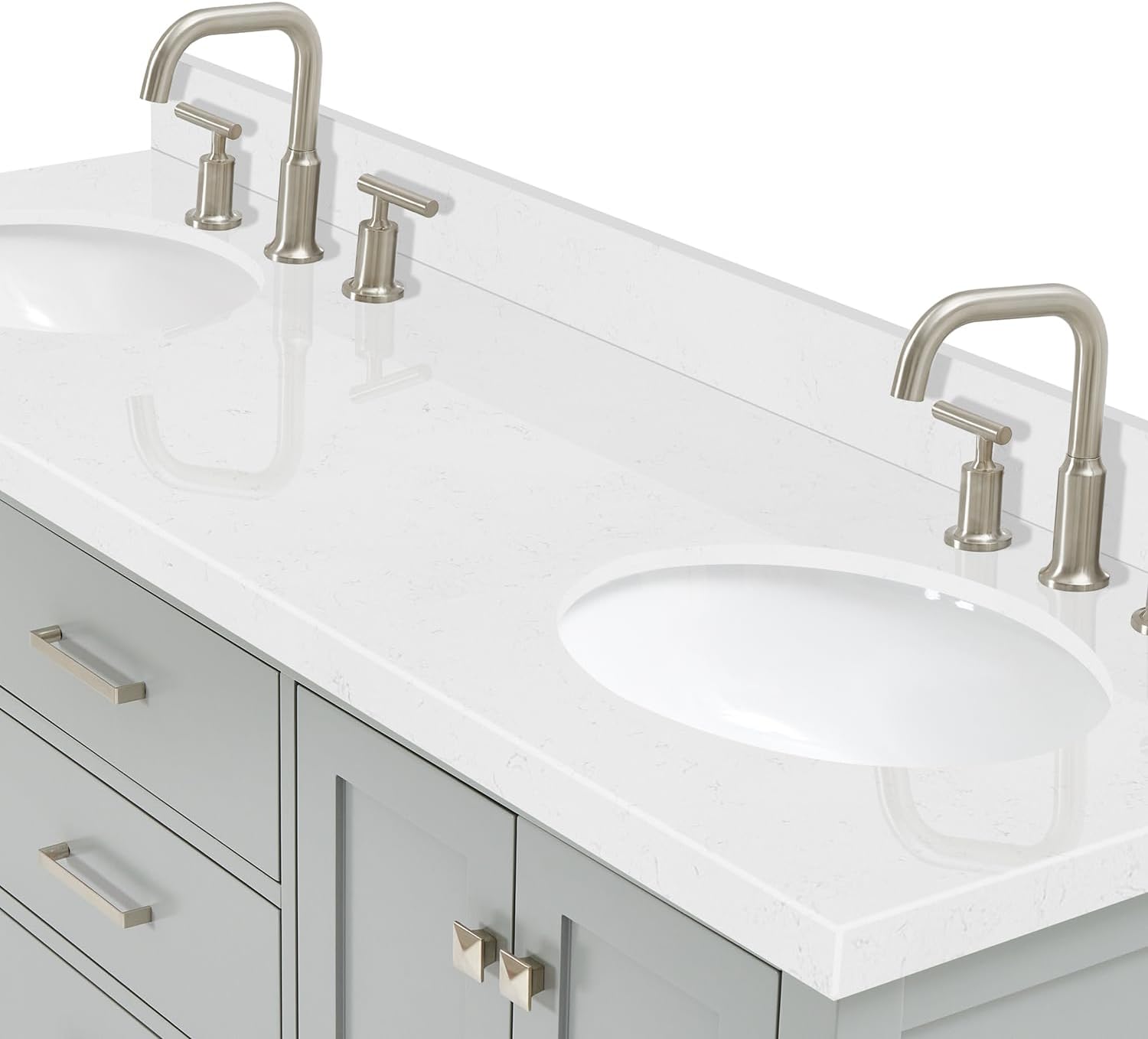 ARIEL Cambridge 66-inch Bathroom Vanity with Sink,Solid Wood, 1.5-inch Carrara White Quartz Countertop & Backsplash, Double Oval Porcelain Sink, 4 Soft Closing Doors, 6 Dovetail Drawers, Grey