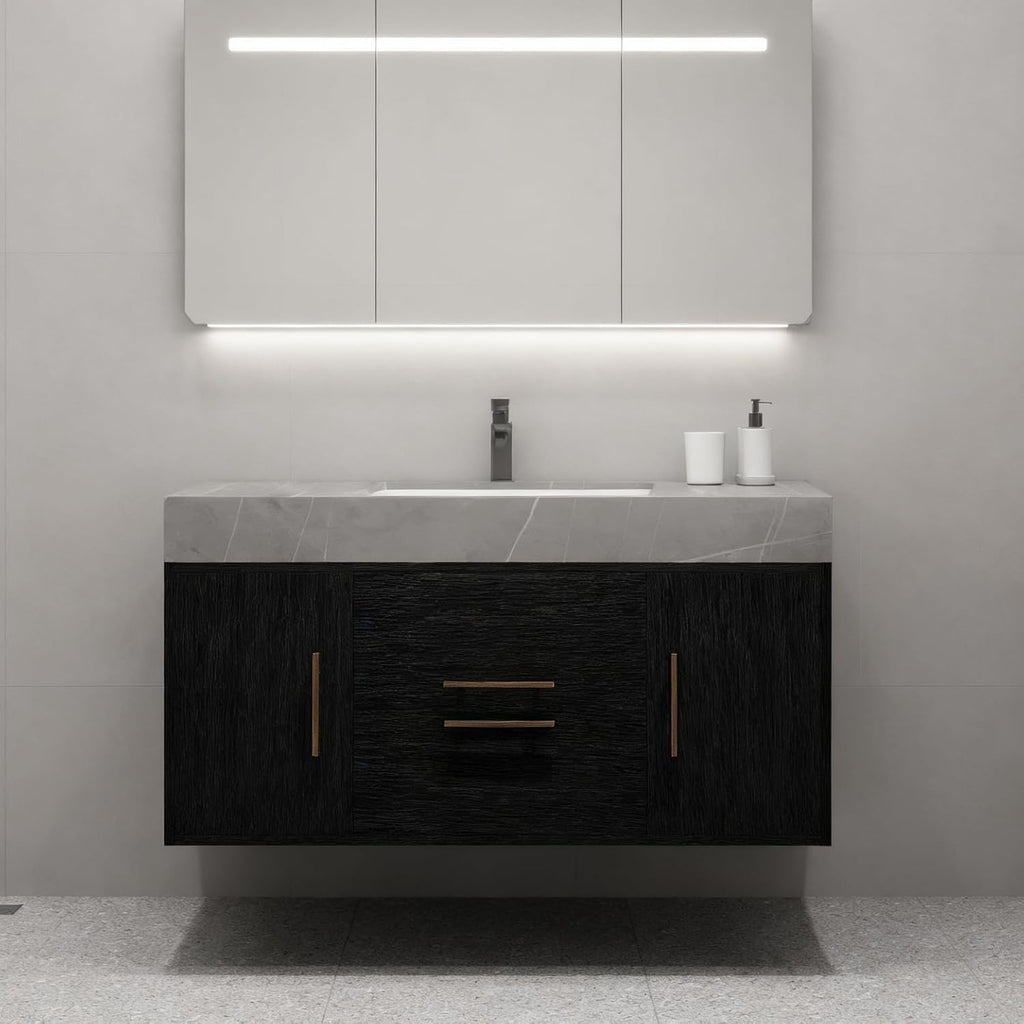 40' Bathroom Vanity with Sink Set, Modern Wall Mounted Bathroom Vanity Cabinet with Ceramic Sink,Gold Handle 2 Drawers&2 Storage Cabinets, Single Sink Floating Bathroom Vanity, Black Grey