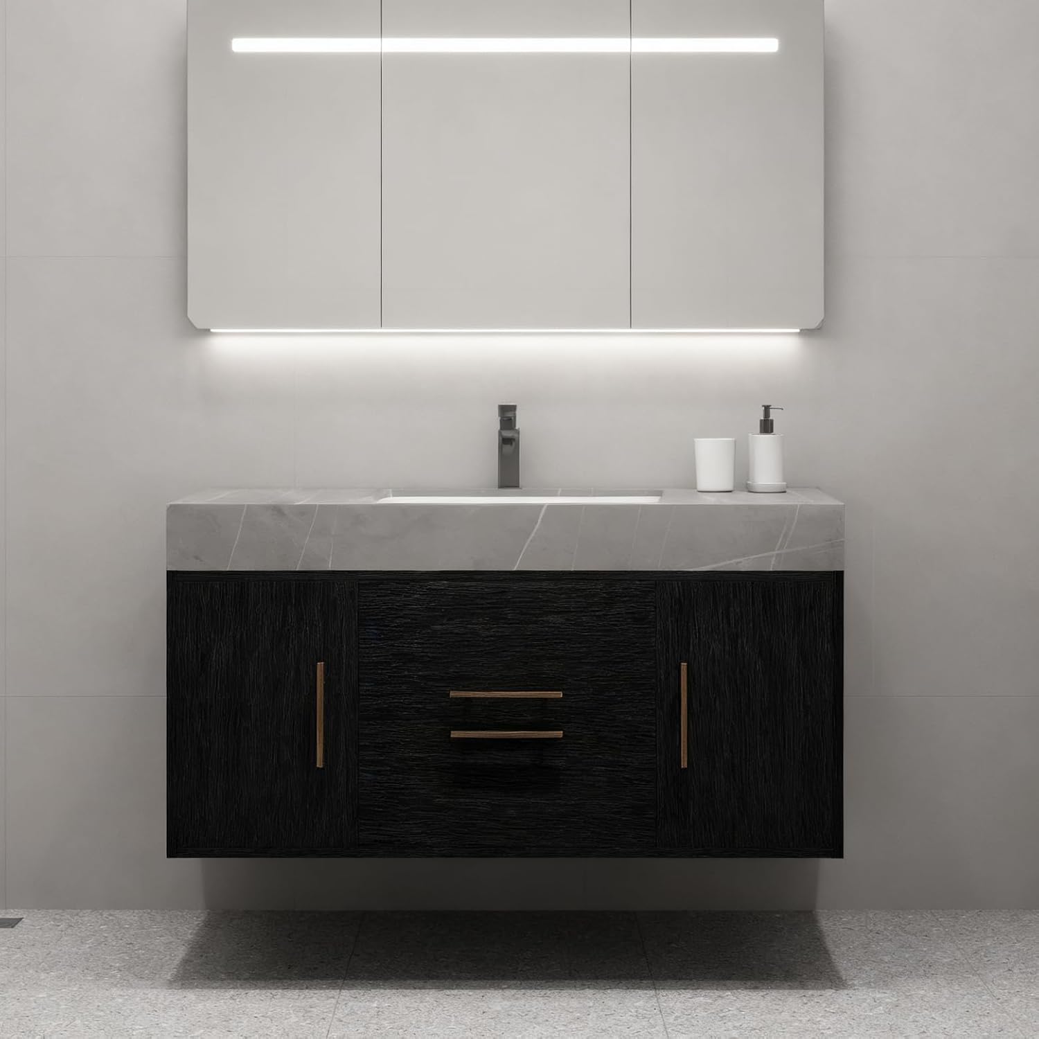 40' Bathroom Vanity with Sink Set, Modern Wall Mounted Bathroom Vanity Cabinet with Ceramic Sink,Gold Handle 2 Drawers&2 Storage Cabinets, Single Sink Floating Bathroom Vanity, Black Grey