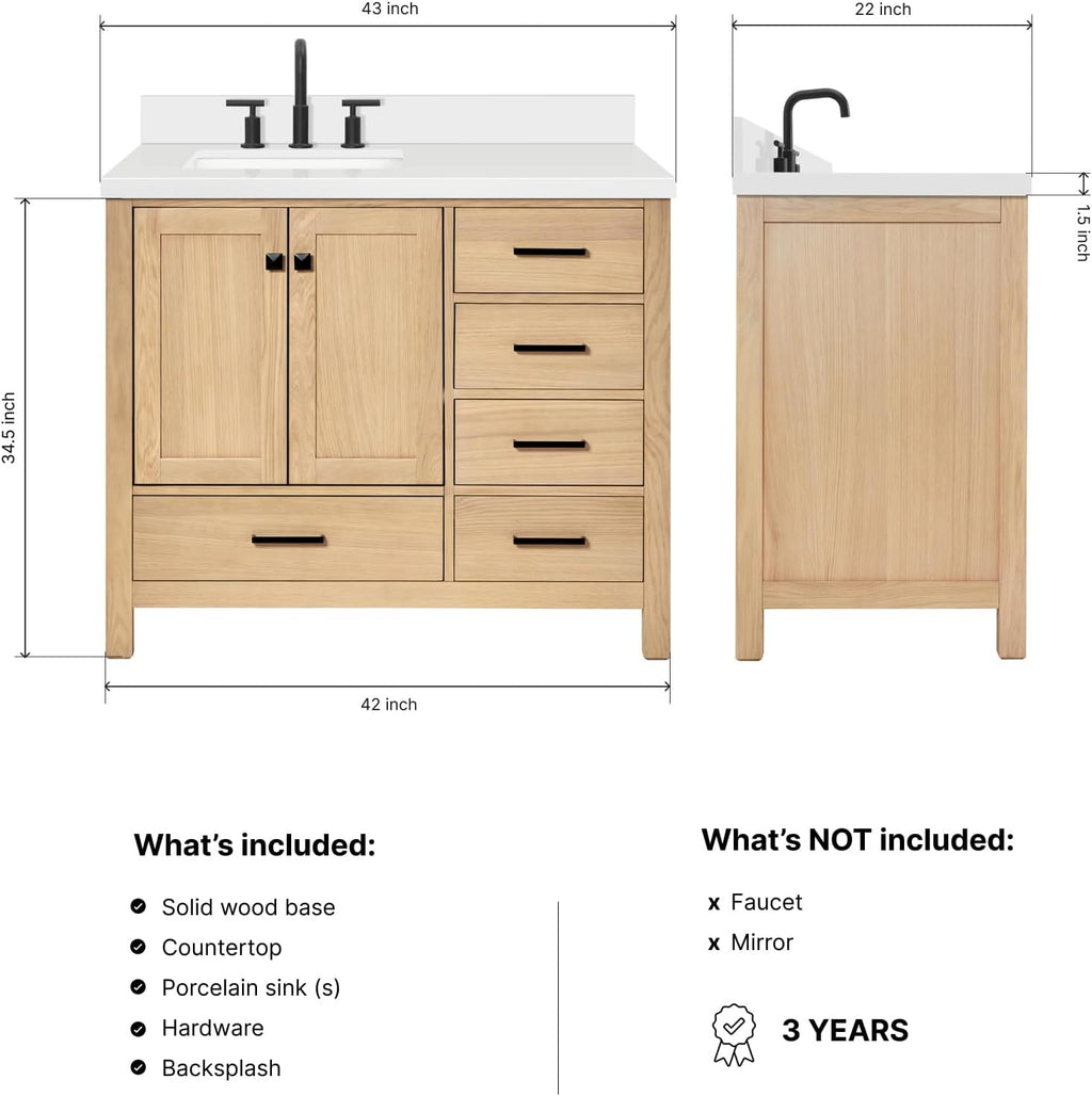 DKB Beckford 42-Inch Oak Bathroom Vanity with Sink, Pure White Quartz Countertop 1.5' Miter Edge & 4' Backsplash, Porcelain Sink, Soft Closing Door & Drawer, Matte Black Hardware