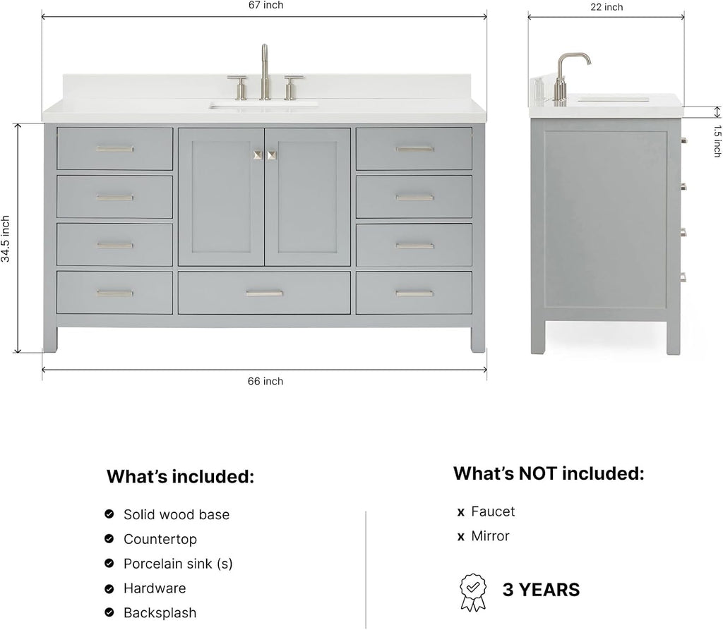 ARIEL Cambridge 66-inch Bathroom Vanity with Sink,Solid Wood, 1.5-inch Pure White Quartz Countertop & Backsplash, Single Rectangular Porcelain Sink, 2 Soft Closing Doors, 9 Dovetail Drawers, Grey