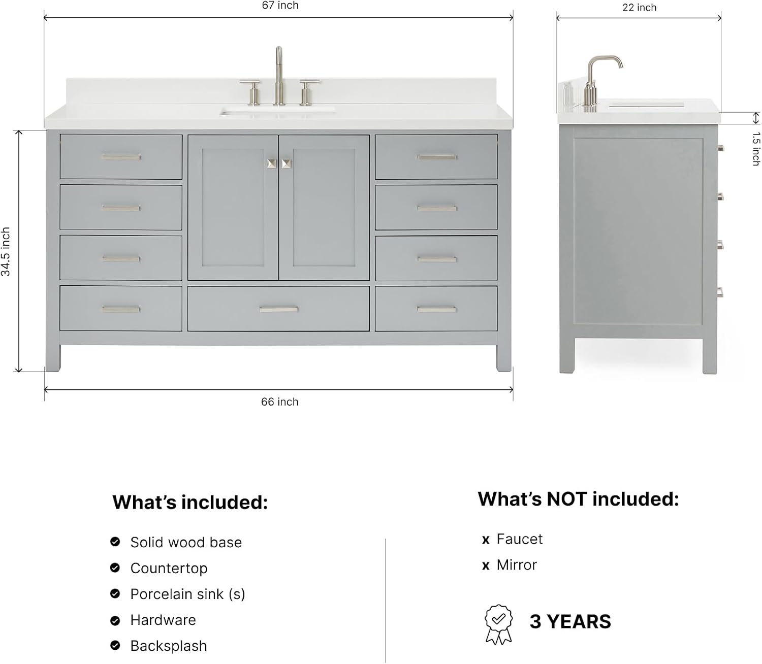 ARIEL Cambridge 66-inch Bathroom Vanity with Sink,Solid Wood, 1.5-inch Pure White Quartz Countertop & Backsplash, Single Rectangular Porcelain Sink, 2 Soft Closing Doors, 9 Dovetail Drawers, Grey