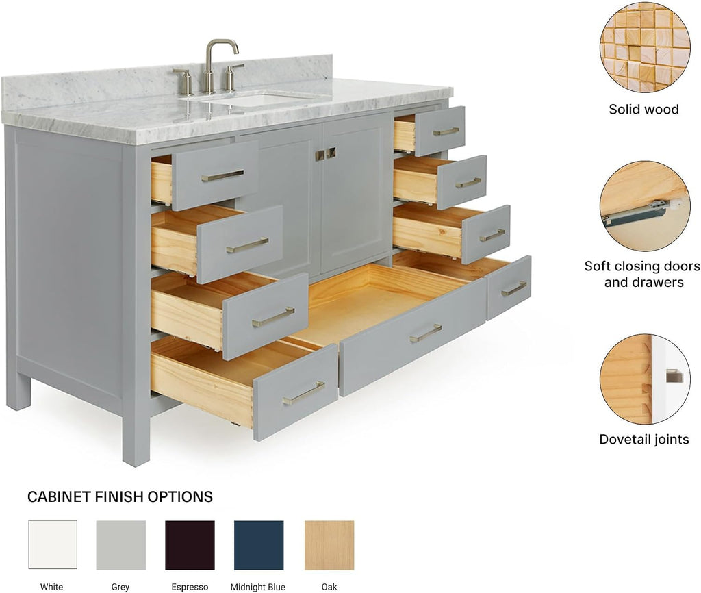 ARIEL Cambridge 60-inch Bathroom Vanity with Sink,Solid Wood, 1.5-inch Italian Carrara Marble Countertop, Single Rectangular Porcelain Sink, 2 Soft Closing Doors, 9 Dovetail Drawers, Grey