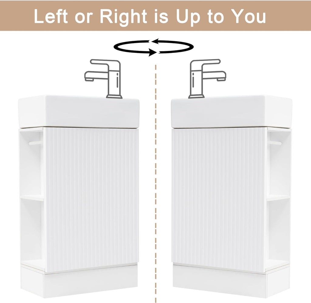 18.6' Bathroom Vanity Cabinet with Ceramic Sink Top Set, Left or Right Available, Freestanding, Two-Tier Storage Shelf, White