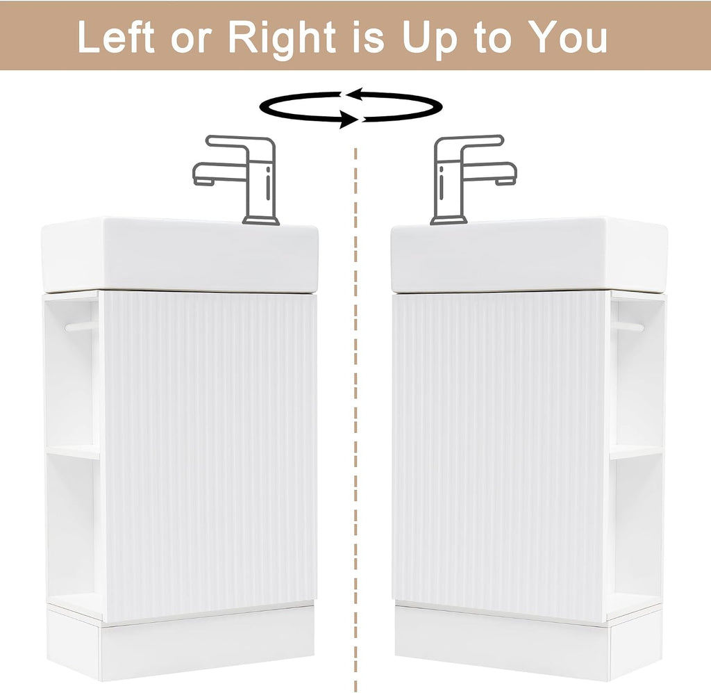 YOPTO 18.6' Bathroom Vanity with Ceramic Sink,Cabinet w/Two-Tier Shelf,Toilet Paper Holder and Shelf,Left or Right Orientation,Practicality & Durability,White