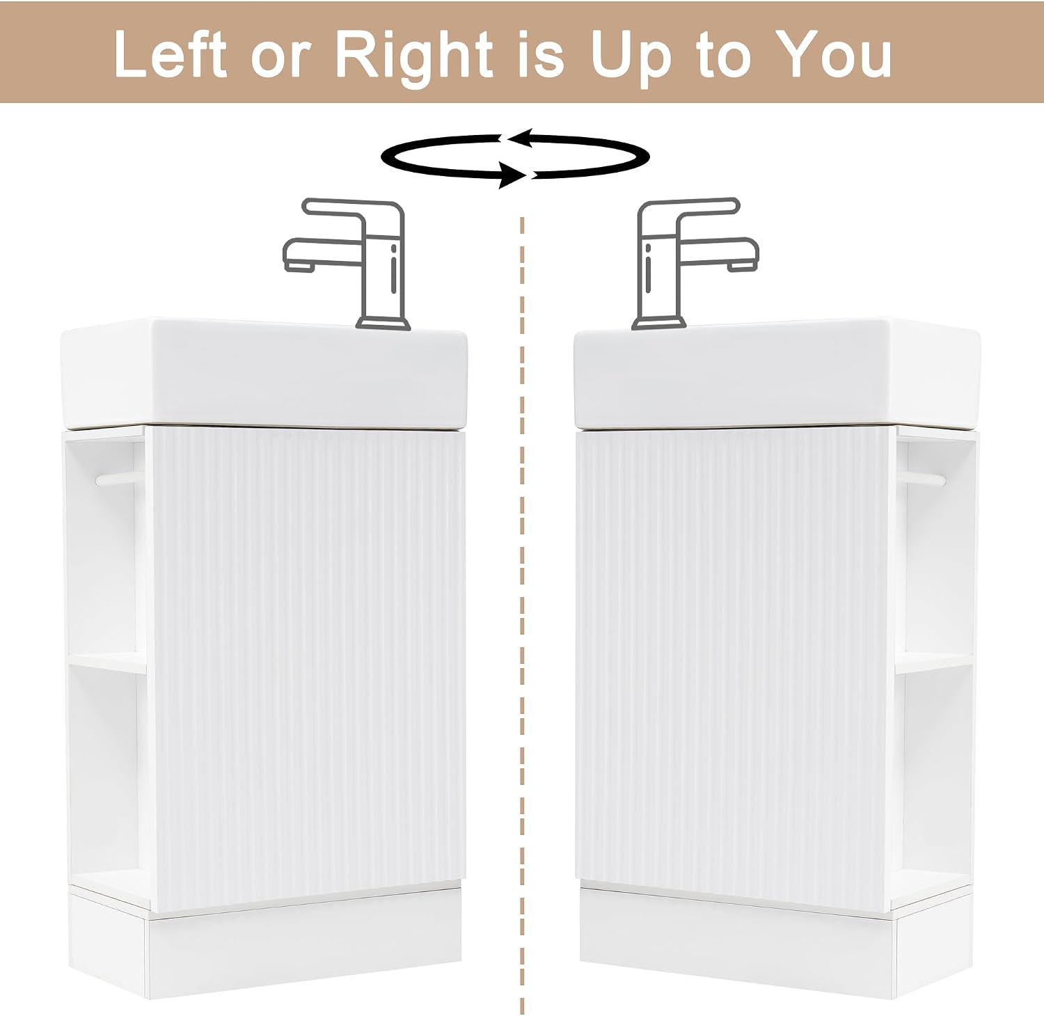 YOPTO 18.6' Bathroom Vanity with Ceramic Sink,Cabinet w/Two-Tier Shelf,Toilet Paper Holder and Shelf,Left or Right Orientation,Practicality & Durability,White