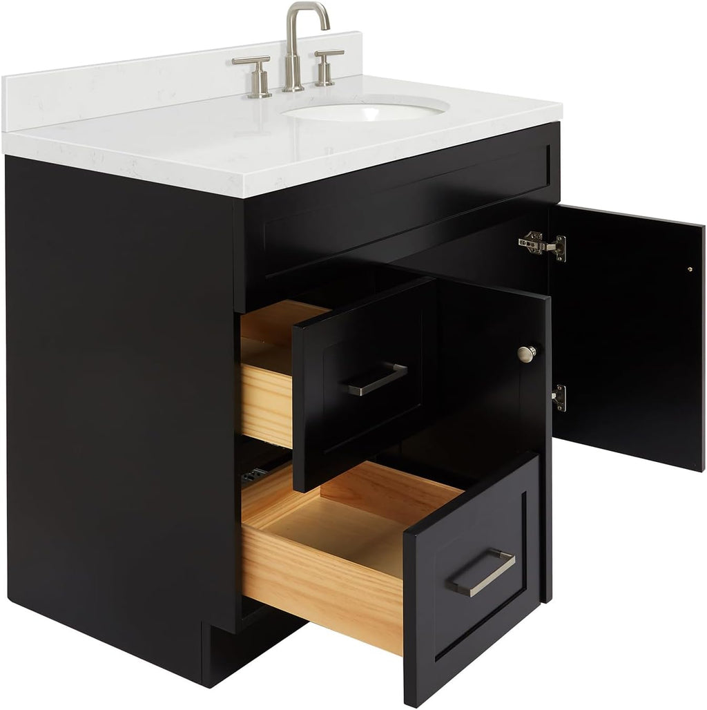 ARIEL Hamlet 42 in. Right Offset Oval Sink Bathroom Vanity with Carrara White Quartz Countertop 1.5 Edge in Black