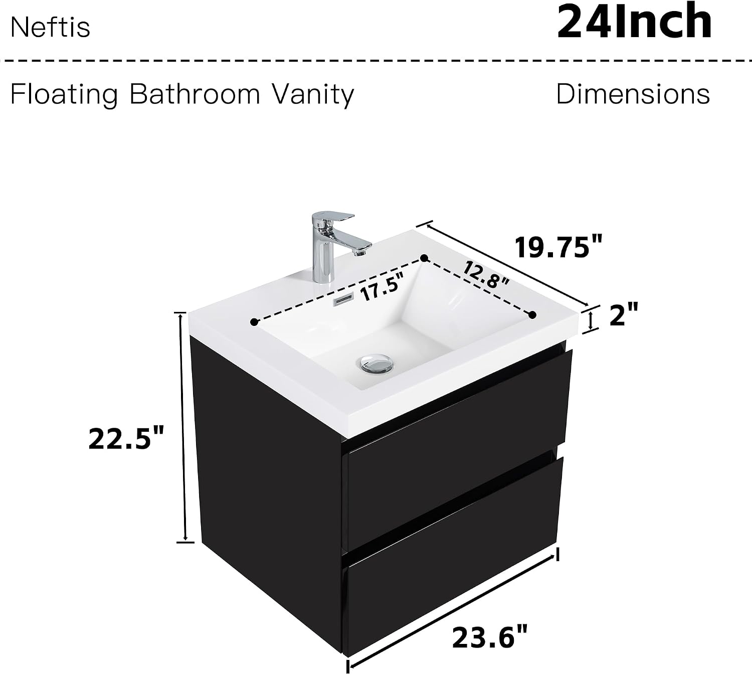 Neftis 24-Inch Floating Vanity with Sink, Pre-Assembled Modern Bathroom Vanity Sink Combo with Storage, Soft-Closing Drawers, One-piece Countertop White Resin Sink, Glossy Black Vanity for Bathroom