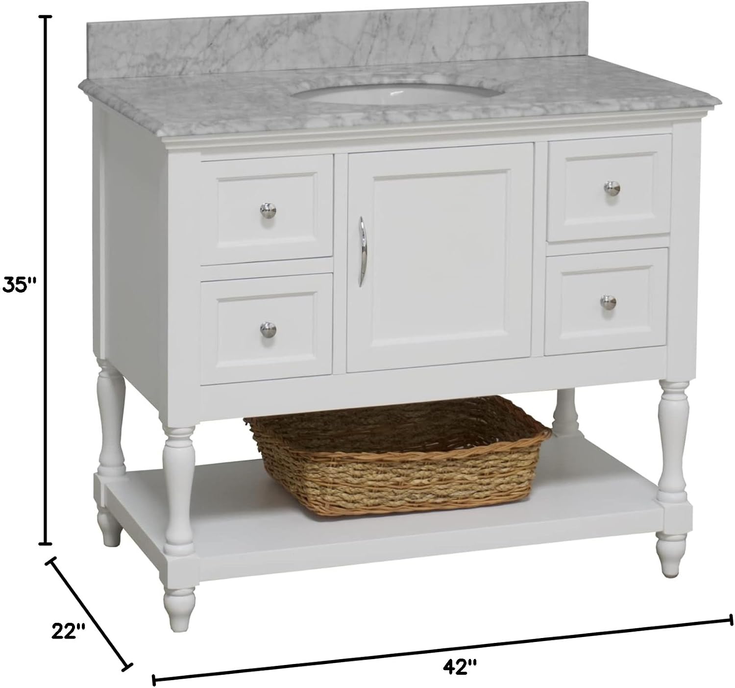 Beverly 42-inch Bathroom Vanity (White/Carrara): Includes White Cabinet with Authentic Italian Carrara Marble Countertop and White Ceramic Sink
