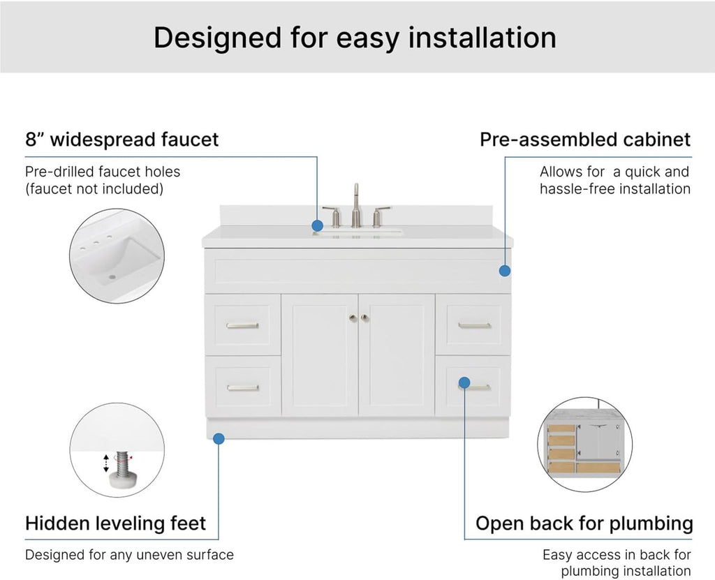 ARIEL Hamlet 54-inch Bathroom Vanity with Sink,Solid Wood, 1.5-inch Pure White Quartz Countertop & Backsplash, Single Rectangular Porcelain Sink, 2 Soft Closing Doors, 4 Dovetail Drawers, White