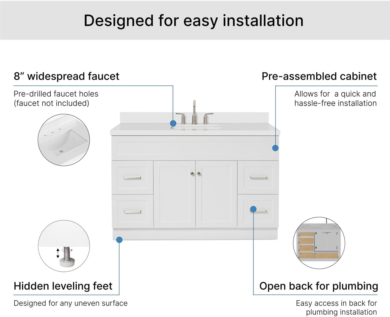 ARIEL Hamlet 54-inch Bathroom Vanity with Sink,Solid Wood, 1.5-inch Pure White Quartz Countertop & Backsplash, Single Rectangular Porcelain Sink, 2 Soft Closing Doors, 4 Dovetail Drawers, White