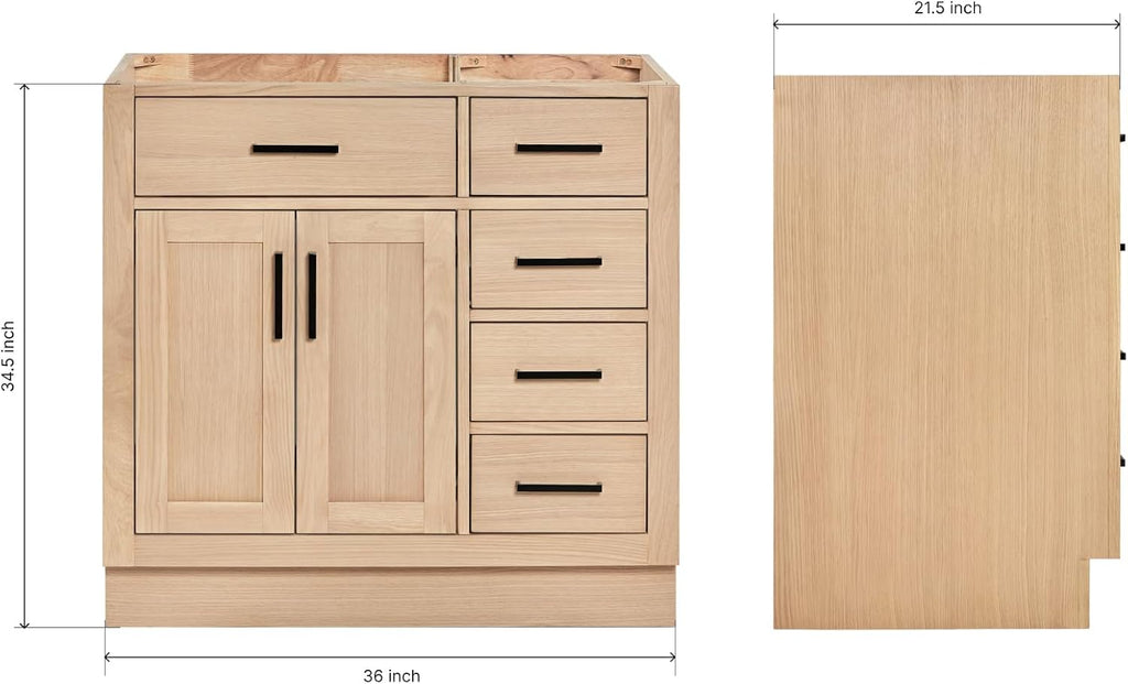 ARIEL Hepburn 36-inch Bathroom Vanity Base Cabinet,Solid Wood, 2 Soft Closing Doors, 5 Dovetail Drawers, White Oak