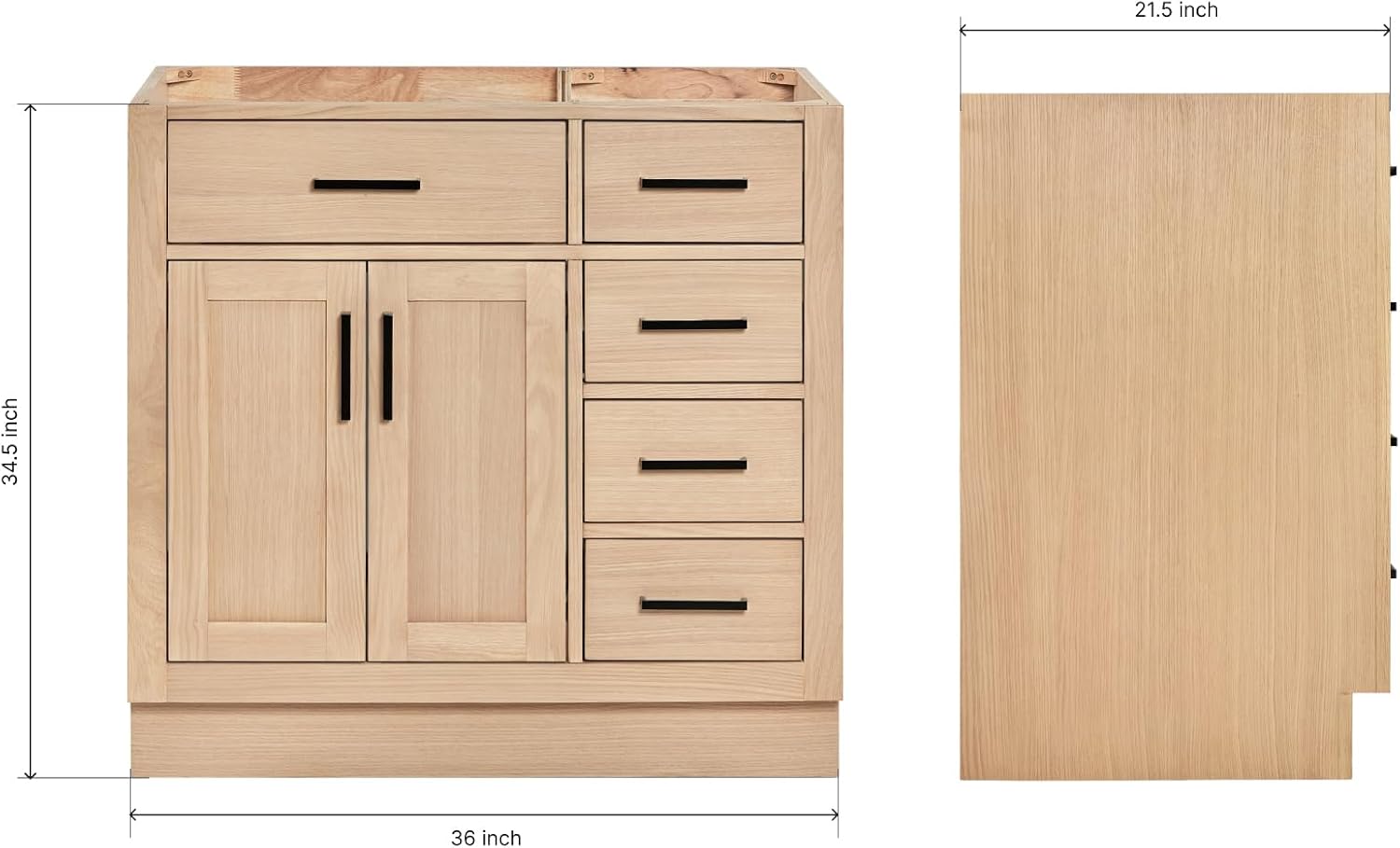 ARIEL Hepburn 36-inch Bathroom Vanity Base Cabinet,Solid Wood, 2 Soft Closing Doors, 5 Dovetail Drawers, White Oak