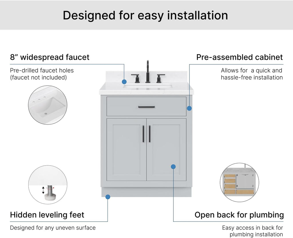 ARIEL Hepburn 30-inch Bathroom Vanity with Sink,Solid Wood, 1.5-inch Carrara White Quartz Countertop & Backsplash, Single Rectangular Porcelain Sink, 2 Soft Closing Doors, 1 Dovetail Drawers, Grey