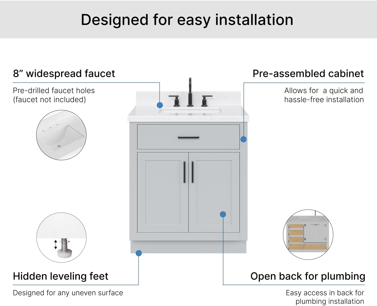 ARIEL Hepburn 30-inch Bathroom Vanity with Sink,Solid Wood, 1.5-inch Carrara White Quartz Countertop & Backsplash, Single Rectangular Porcelain Sink, 2 Soft Closing Doors, 1 Dovetail Drawers, Grey