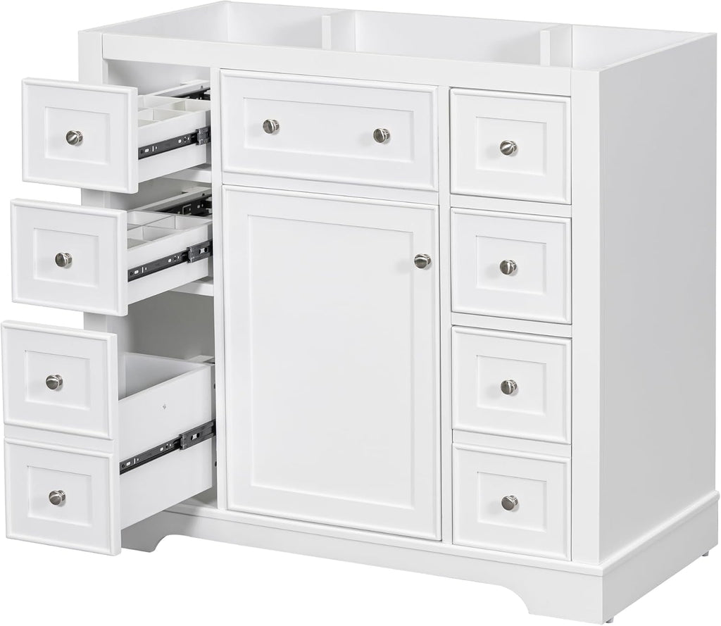 Flieks 36' Bathroom Vanity Without Sink, Cabinet Base Only, One Cabinet and Six Drawers, White