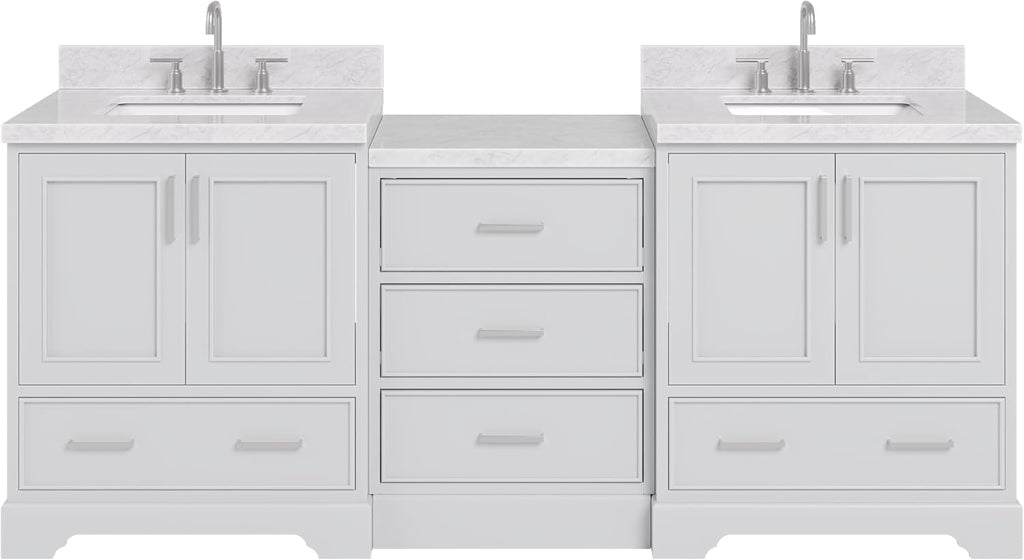 ARIEL Stafford 84-inch Bathroom Vanity with Sink,Solid Wood, 1.5in Italian Carrara Marble Countertop & Backsplash, Double Rectangular Porcelain Sink, 4 Soft Closing Doors, 5 Dovetail Drawers, Grey