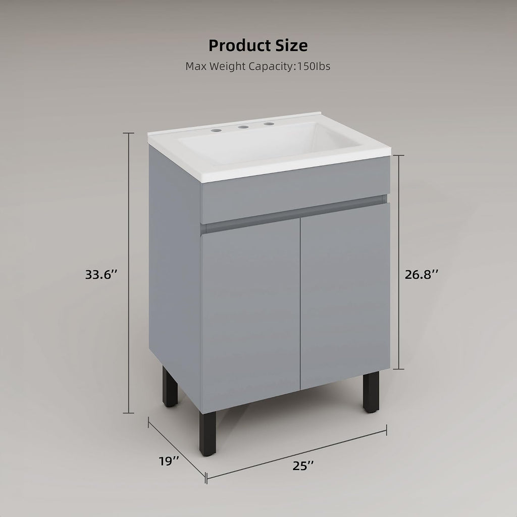 YITAHOME 24 Inch Bathroom Vanity with Sink, Bathroom Cabinet Vanity for Small Space, Freestanding Storage Bathroom Vanity with 2 Soft Closing Cabinets, Grey