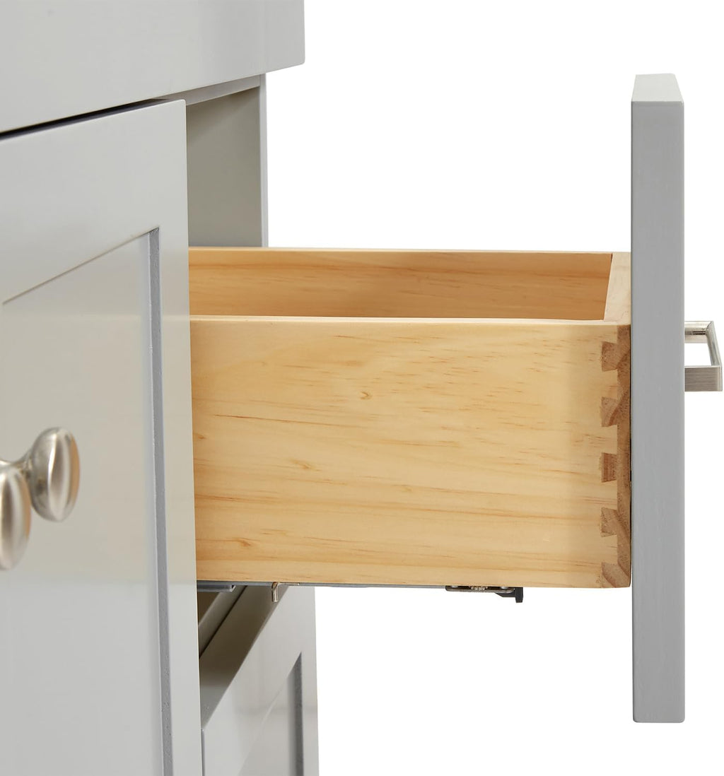DKB Bradford 36-Inch Grey Bathroom Vanity with Left Rectangular Sink, 1.5' Carrara Quartz Countertop & Backsplash, 2 Soft-Closing Doors, 2 Full Extension Drawers, Toe Kick, Brushed Nickel Hardware