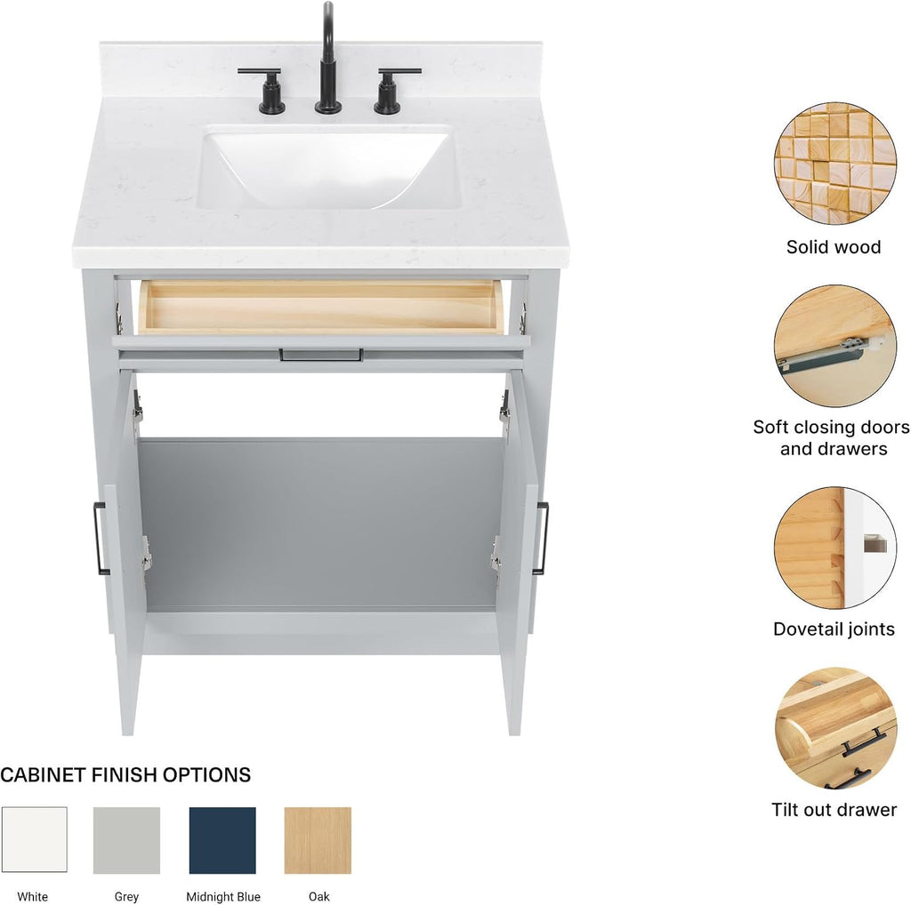 ARIEL Hepburn 30-inch Bathroom Vanity with Sink,Solid Wood, 1.5-inch Carrara White Quartz Countertop & Backsplash, Single Rectangular Porcelain Sink, 2 Soft Closing Doors, 1 Dovetail Drawers, Grey
