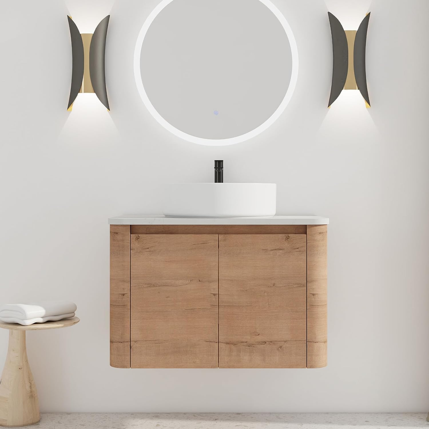 30 Inch Wall-Mounted Bathroom Vanity with Sink Combo Modern Floating Bathroom Vanitites with Round Ceramic Vessel Sink 30' Bathroom Sink Cabinet with Marble Counter Top & Soft Closing Door