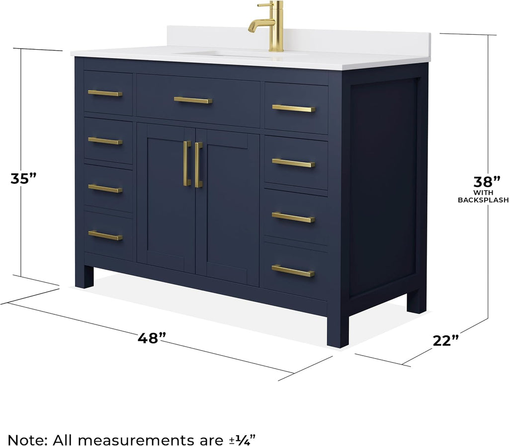 Beckett 48 Inch Single Bathroom Vanity in Dark Blue, White Cultured Marble Countertop, Undermount Square Sink, Brushed Gold Trim