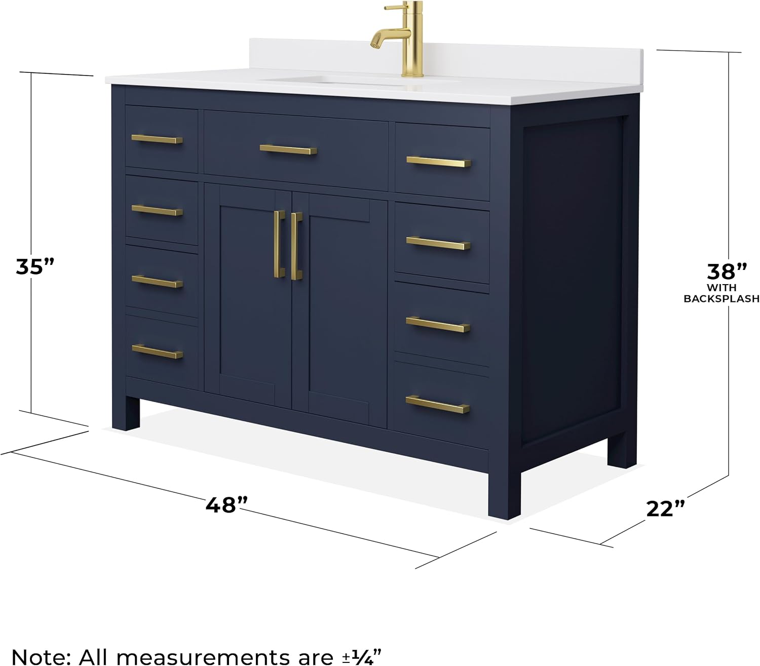 Beckett 48 Inch Single Bathroom Vanity in Dark Blue, White Cultured Marble Countertop, Undermount Square Sink, Brushed Gold Trim
