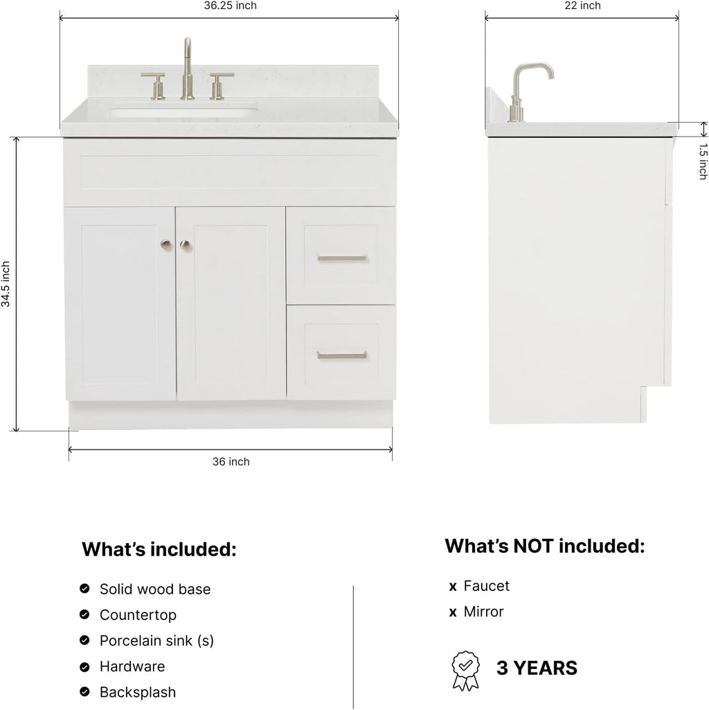 DKB Bradford 36' White Single Bathroom Vanity with Rectangular Undermount Sink, 1.5' Carrara Quartz Countertop, 2 Soft-Closing Doors, 2 Dovetail Drawers