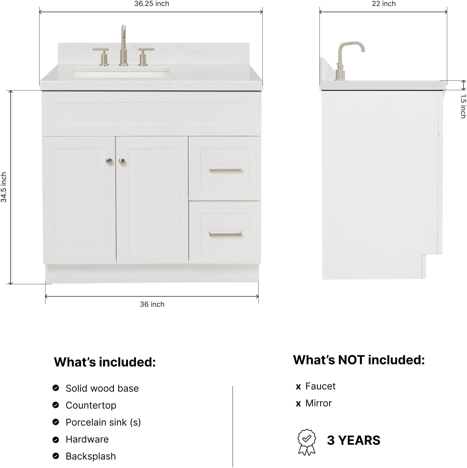 DKB Bradford 36' White Single Bathroom Vanity with Rectangular Undermount Sink, 1.5' Carrara Quartz Countertop, 2 Soft-Closing Doors, 2 Dovetail Drawers