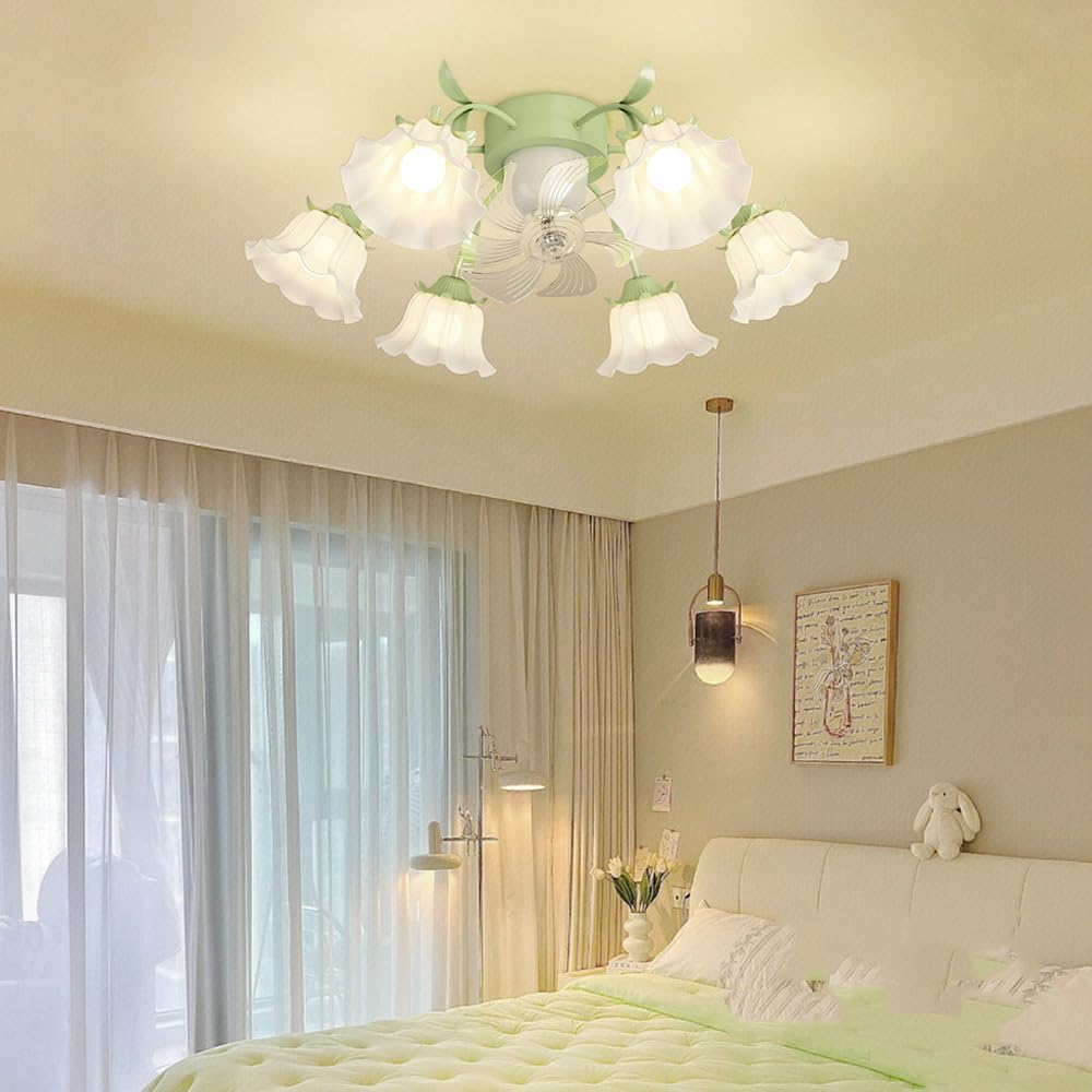 6 Light Flower Ceiling Fan with Lights Remote Control Reversible Fan 360° Oscillating Ceiling Fan Light Milk Glass Modern Fan Light Girls Ceiling Fan Light for Bedroom Living Room Dining Room