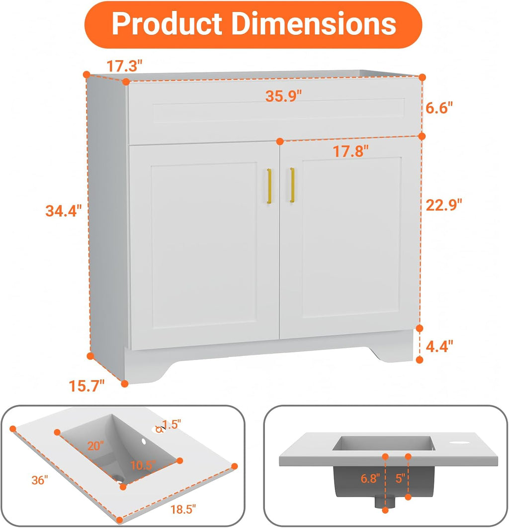36 Inch Bathroom Vanity with Ceramic Sink - Modern Farmhouse Style Sink Cabinet, Easy Tool-Free Installation, for Bathroom Remodel and Upgrade (White)