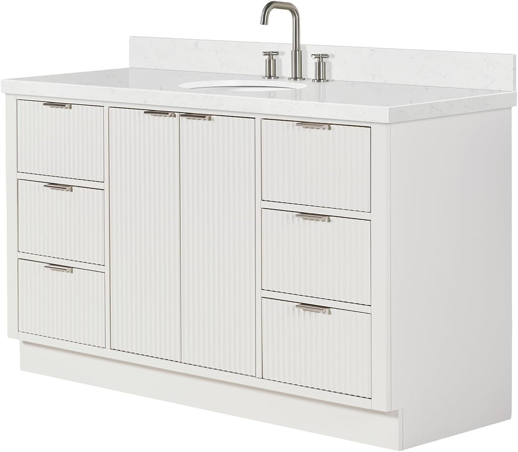 ARIEL Milan 60-inch Bathroom Vanity with Sink,Solid Wood, 1.5-inch Carrara White Quartz Countertop & Backsplash, Single Oval Porcelain Sink, 2 Soft Closing Doors, 6 Dovetail Drawers, Warm White